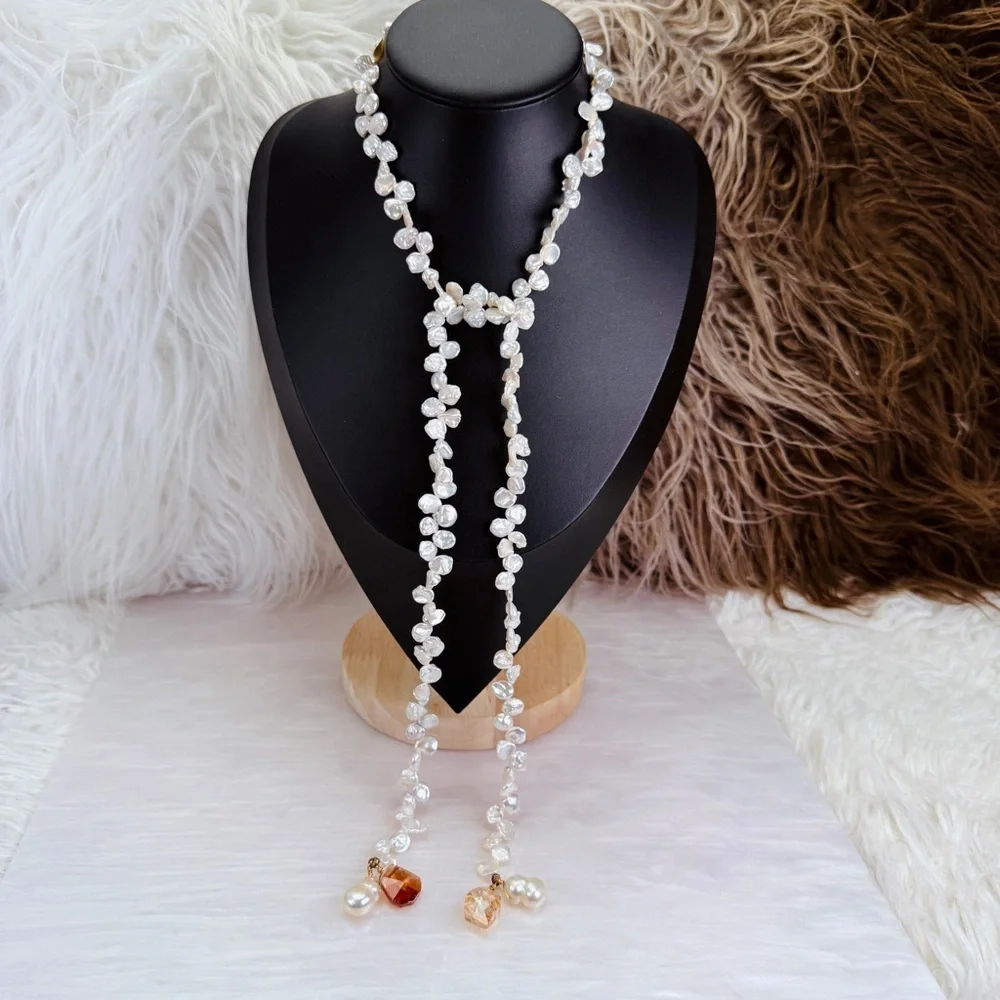 Vintage Freshwater Pearl Crystal Lariat Necklace